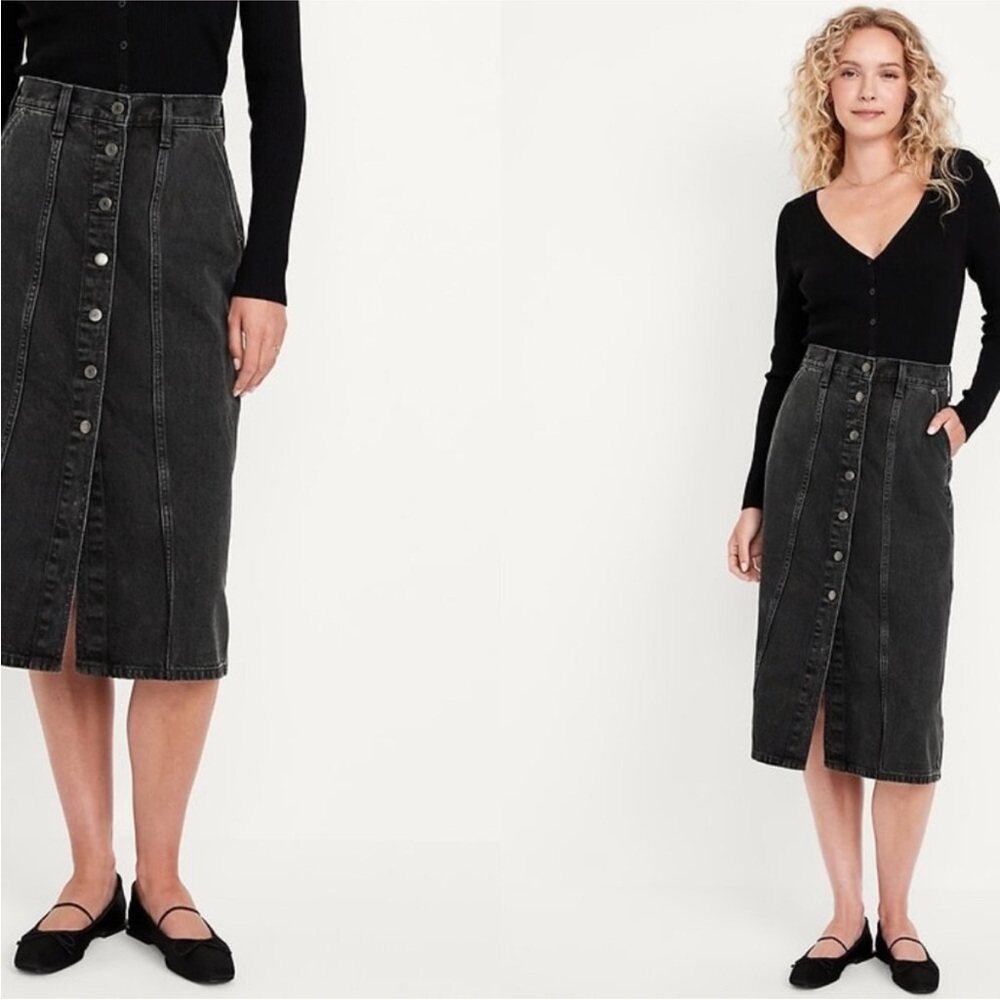 Old Navy Black Button-Front Midi Pencil Skirt